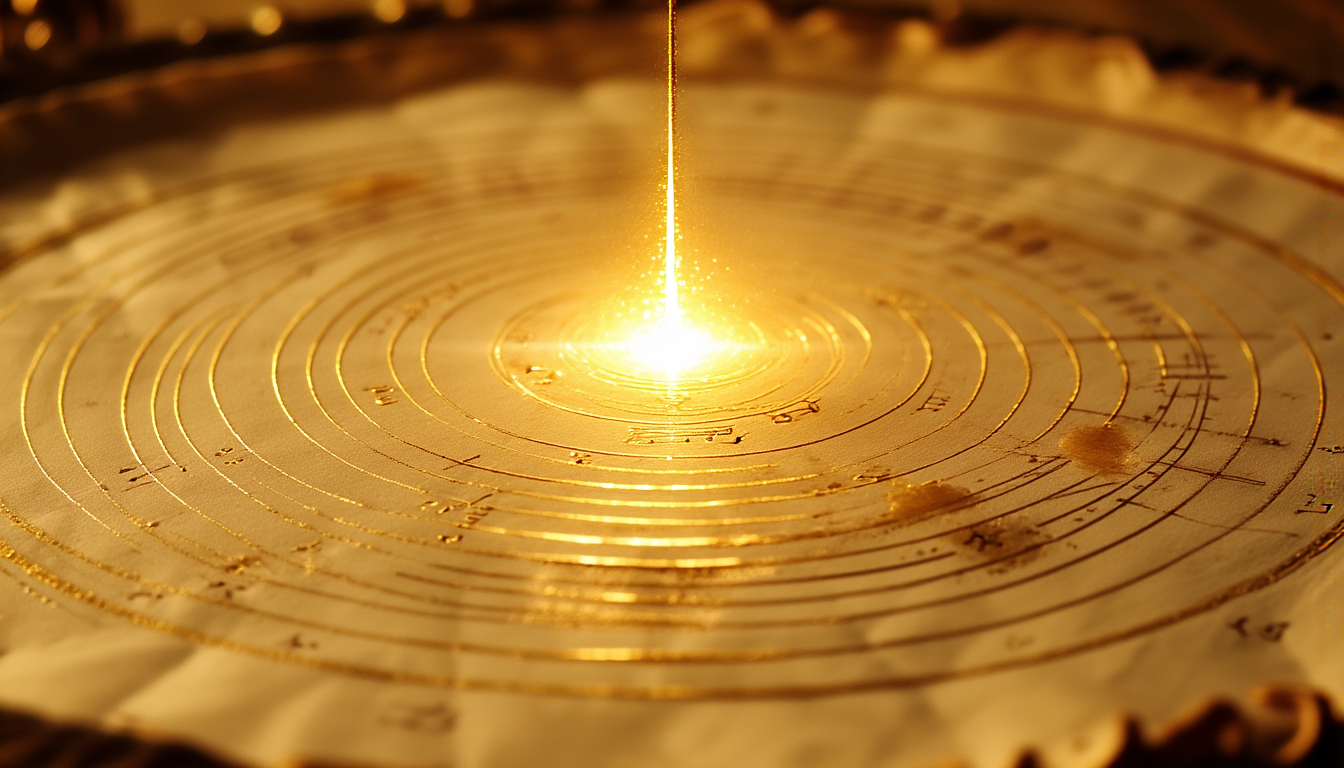 An antique golden instrument face with a single radiant point of light at the center hub