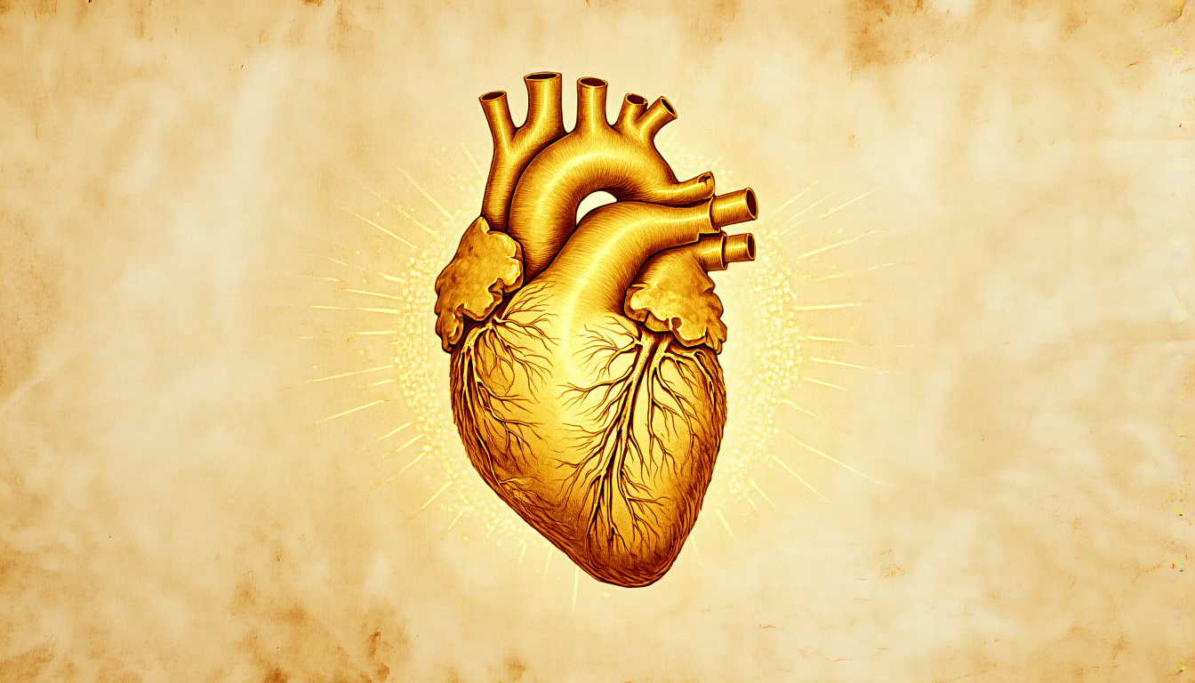 A golden anatomical heart with a crystalline interior, radiating fine lines