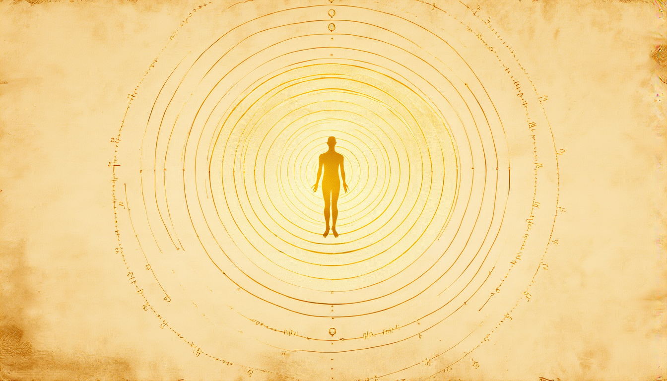 A human figure at the center of concentric golden resonance rings radiating outward