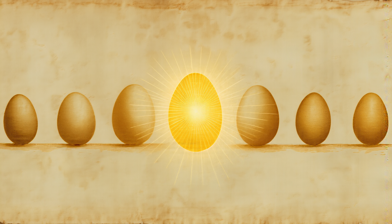 A row of eggs on parchment, the center one glowing gold and radiant