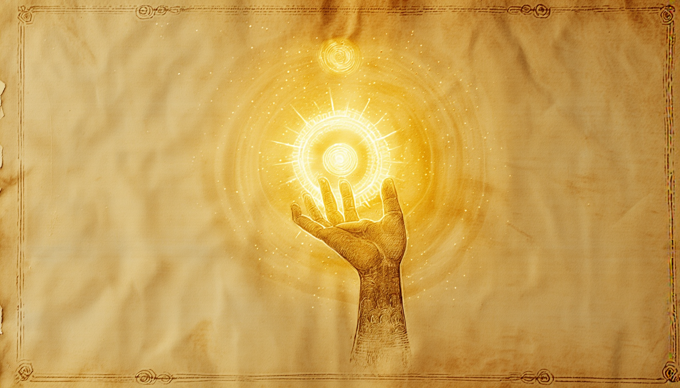 An open hand releasing a ring of golden light into the parchment