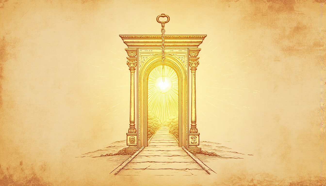 An ornate gate opening into radiant golden light, a key hanging on the frame