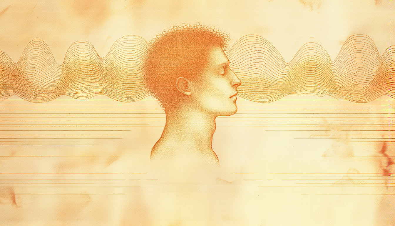 A human head in profile with five bands of engraved brainwave patterns arcing away from it